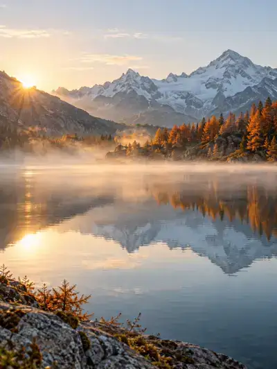 An alpine lake framed by autumn trees
